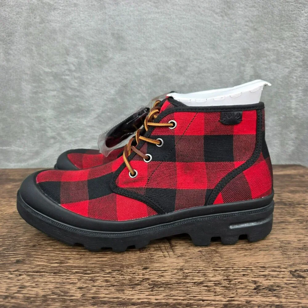 Polo Ralph Lauren Umar Buffalo Plaid Boots 9.5 Black Red Ankle Rugged Laces New